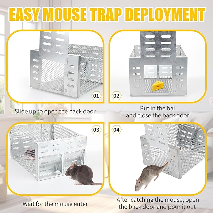 Humane Rodent Trap for Indoor &amp Outdoor Use - Automatic Multi-Catch Metal Cage with Double One-Way Doors Reusable Safe Trap for Mice Chipmunks &amp Small Animals (Grey)