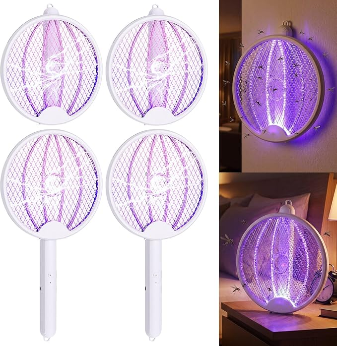 Qualirey 4 Pcs Electric Fly Swatter Bug Zapper Racket 2 in 1 USB Rechargeable Mosquito Racket 3000v High Powered Mosquito Killer for Indoor Outdoor Home Bedroom Kitchen Patio Office Insect (Foldable)