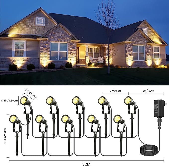 Outdoor Landscape Lighting 10-Pack Low Voltage LED Spot Lights with Transformer Waterproof IP65 Outdoor Landscape Lights for Garden Yard Backyard Lawn Trees House Flags – Warm White
