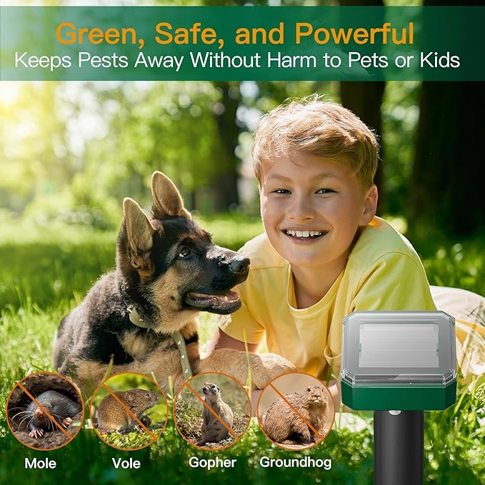 4 Pack Mole Repellent Solar Powered Vibrating Solar Mole Repellent Stakes for Voles Groundhogs Snakes &amp Gophers IP65 Waterproof Mole Deterrent for Yard Farm Lawn &amp Garden