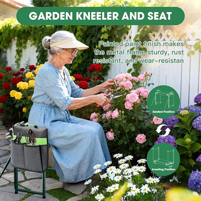 Heavy Duty Garden Kneeler &amp Seat with Support Legs 400lbs Capacity Foldable Gardening Stool Extra Thick Pad &amp Large Tool Organizer Bag Ergonomic for Seniors - Dark Green