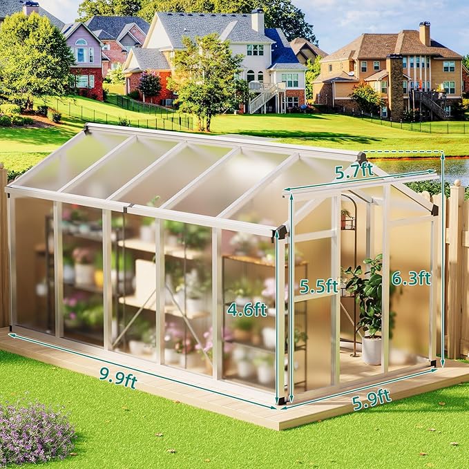6x10 FT Greenhouse - Large Aluminum Greenhouses for Outdoors Heavy Duty Polycarbonate Greenhouse with Roof Vent&ampGround Nails Walk-in Green Houses for Garden Backyard Patio Easy Assembly