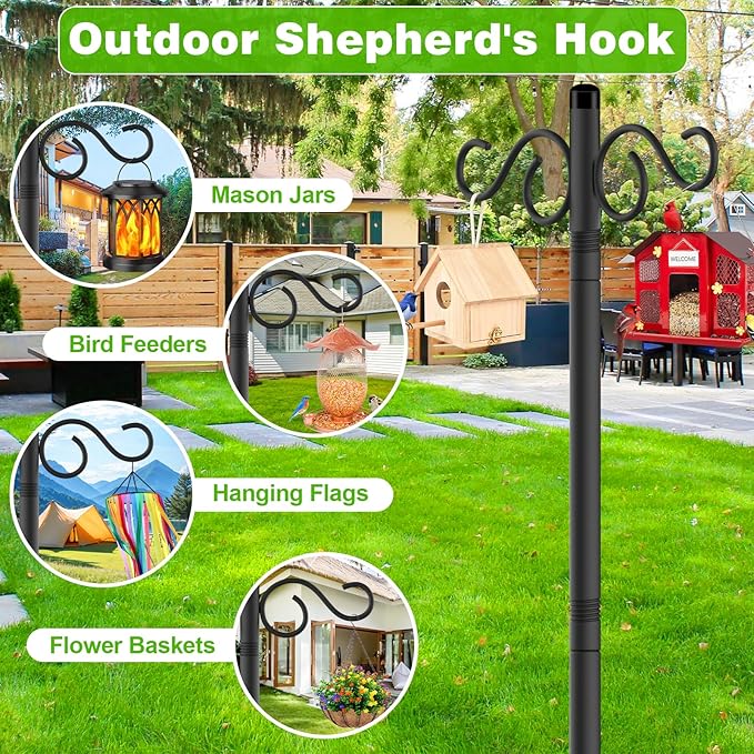 Double Shepherds Hooks for Outdoor2 Pack 90 Inch Bird Feeder Pole with 5 Prongs BaseHeavy Duty Shepherds HookSuitable for Garden in Hanging Flower BasketLanternBird Nests (90 Inch)