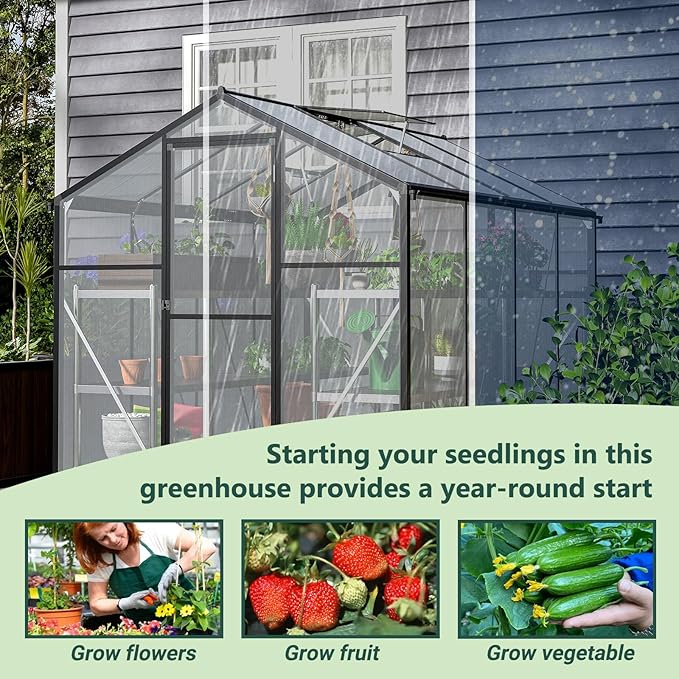6x8 FT Walk-in Greenhouse Kit with Polycarbonate Panels &amp Aluminum Frame Green Houses for Outside with 2 Vents Greenhouses for Outdoors with Lockable Door Backyard Discovery Greenhouse (Black)