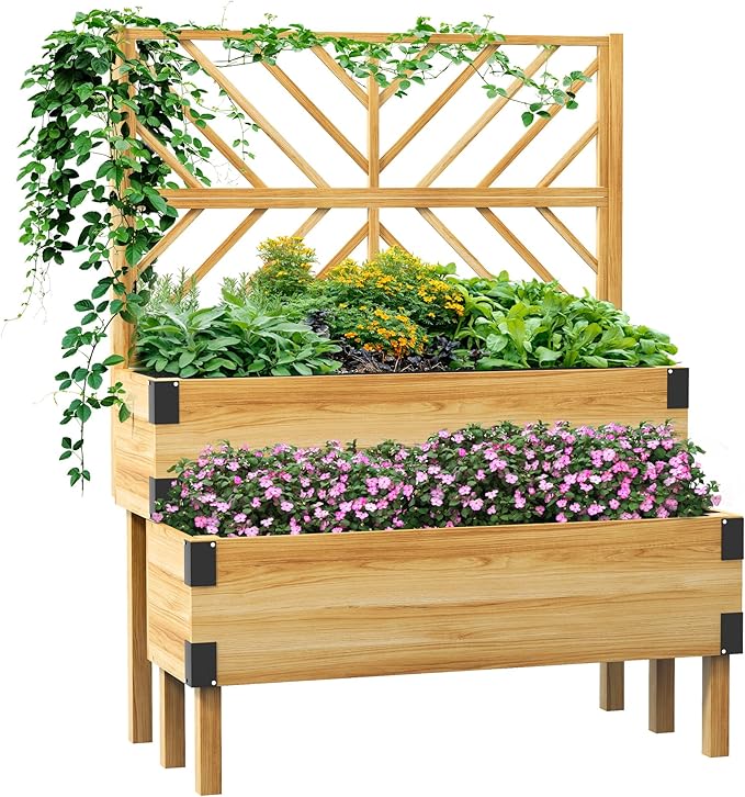 Outsunny Raised Garden Bed with Trellis 2 Tier Wooden Elevated Planter Box with Legs and Metal Corners for Vegetables Flowers Herbs Natural