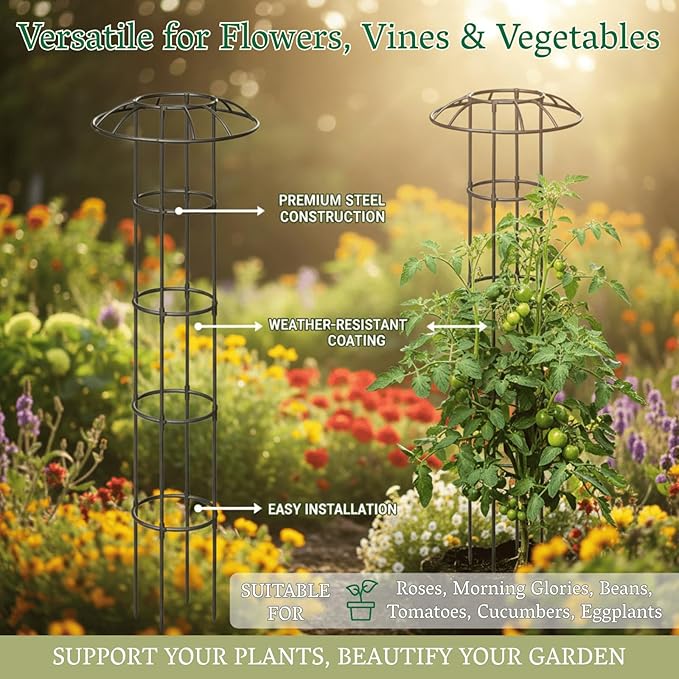 Garden Obelisk Trellis for Climbing Plants Outdoor | 64 Inch Mushroom Top Trellis for Potted Plants Vines Roses Clematis | Rustproof Plastic Coated Metal Plant Support Indoor Outdoor for Vegetables