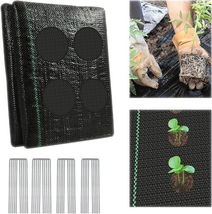 Garden Weed Barrier Landscape Fabric with 132 Planting Holes – 4ft x 33ft Woven Geotextile FabricDriveway FabricDurable Weed Control Mat with 20 Securing Pegs for Flower Beds Vegetable Gardens
