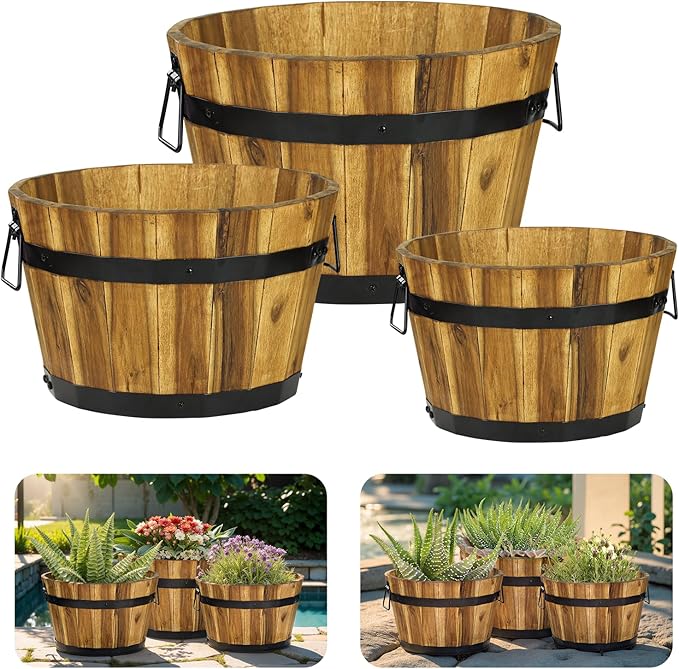 Idzo Set of 3 Wooden Flower Planters for Outdoor Plants Acacia Wood Barrel Planters Ergonomic Handles Drainage Holes Various Sizes Golden Teak