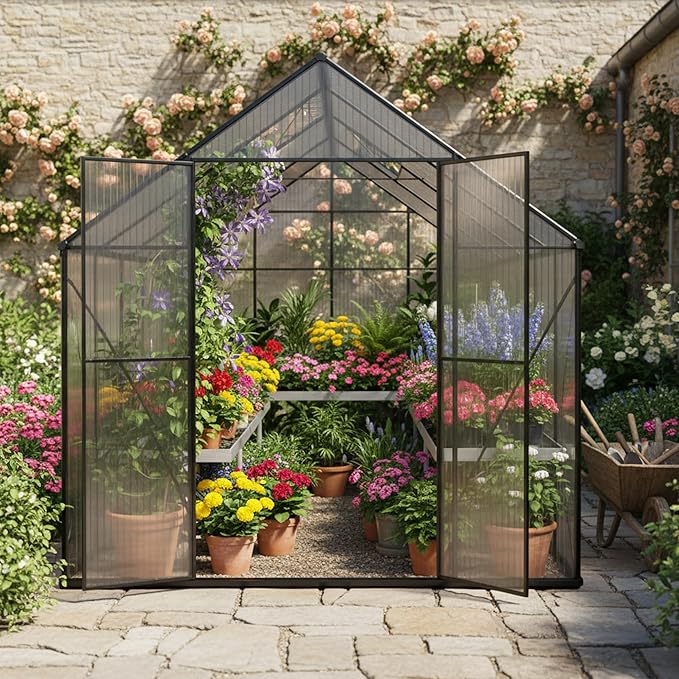 Kingdura 8x8ft Walk-in Greenhouse for Outdoors Large Polycarbonate Greenhouses with Heavy Duty Aluminum Frame Adjustable Roof Vent Lockable Door UV Protection for Outside Garden Backyard