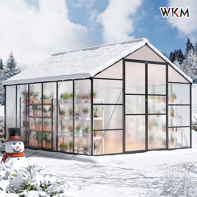 WKM 10x12 FT Polycarbonate Greenhouse Enhanced Aluminum Frame Greenhouses for Outdoors Withstands Strong Wind or Snow with Roof Vent Walk-in Green Houses for Outside Garden Backyard Black