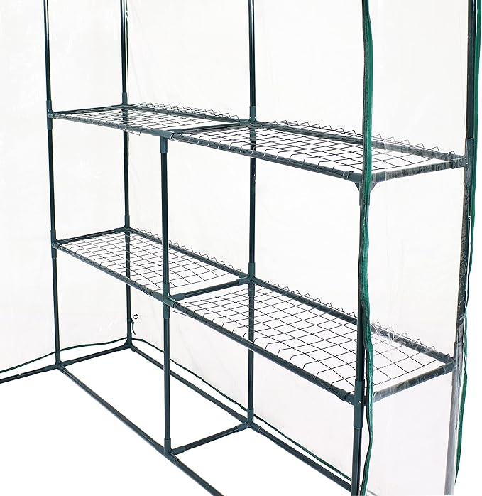 Sunnydaze Portable Outdoor Grandeur Walk-in Greenhouse with 4 Steel Wire Shelves and Roll-Up Door - Clear