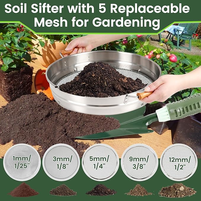 Large 14.57 Soil Sifter with 5 Interchangeable Stainless Steel Mesh Screens (1/3/6/9/12mm) + Stainless Steel Hand Trowel + Galvanized Garden Sieve for Compost Sand Gravel &amp Cat Litter (Silver)