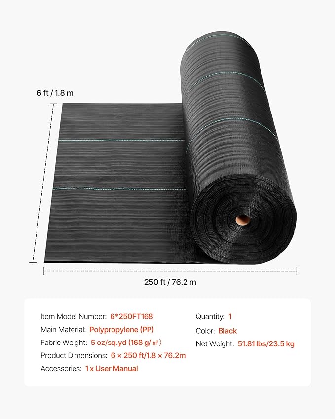 VEVOR Weed Barrier Fabric Heavy Duty 6x250FT 5oz Landscape Fabric Woven Weed Blocker Fabrics Garden Fabrics Weeds Barrier Weeds Control Ground Cover Geotextile Webbing Gardening Mat Black