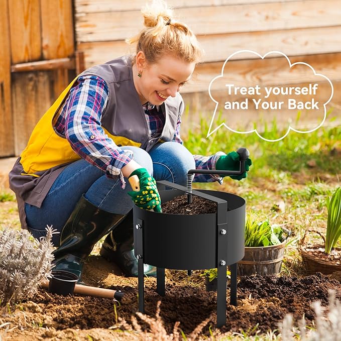 Rotary Soil Sifter Compost Sieve Garden Potting Sifting Mesh Rock Sand Dirt Sieve 13 Sifting Filter with 1/5 Inch Mesh Sifting