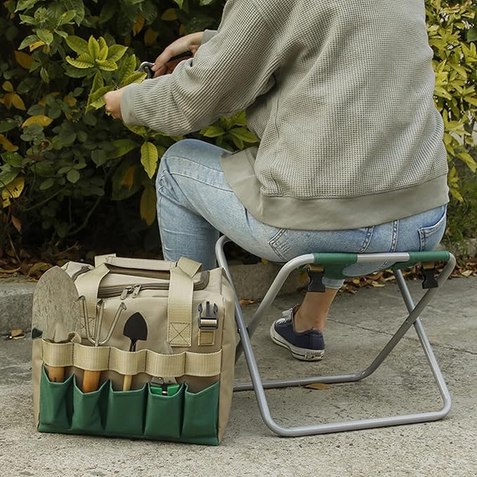 Garden Stool Folding Garden Seat with Detachable Storage Bag Multi-Pocket Gardening Bench Portable Zipper Gardener Tool Seat for Adults Garden Seat
