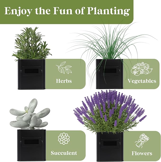 PERFNIQUE Indoor Herb Garden Herb Planter Set with Tray Farmhouse Indoor Plant Pots Windowsill Herb Garden with Drainage(Planter only) for Indoor/Outdoor Window Pots(Matte Black)