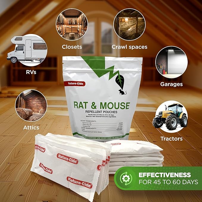 Nature-Cide Rat &amp Mouse Pouches - Plant-Based Formula for Indoor &amp Enclosed Spaces - Fresh Mint Aroma 45-60 Day Use - 25 sq ft Coverage per Pouch (Pack of 48)
