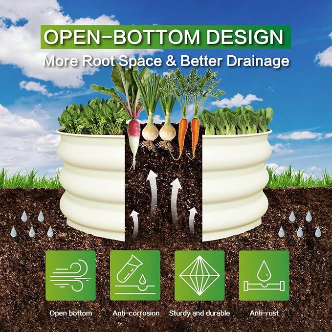 GARDMAX 2 Pack 2x2x1FT Galvanized Round Raised Garden Bed Kit Metal Planter Boxes Outdoor with Easy Assembly Large Garden Bed for Vegetables Fruits Flower Herbs Milk White