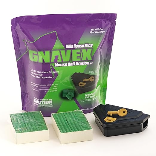 Gnavex Mouse Bait Station RF 32ct Refillable Bait Station with 32 Bromethalin Bait Blocks for Effective Indoor and Outdoor House Mouse Control