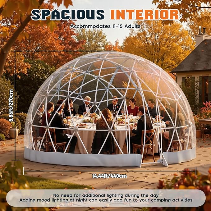 15 FT Garden Dome Greenhouse PVC Transparent Cover Quick Connect Plug Installation Waterproof Pop-up Green House 6-10 Person Bubble Tent for Patio Backyard Party Wedding