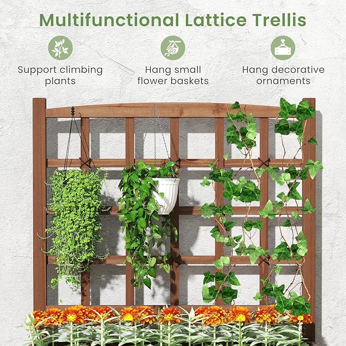 HAPPYGRILL Raised Garden Bed with Trellis Drainage Holes 2-Tier Wooden Elevated Planter Box w/Legs for Climbing Plants Vine Flower Herb Vegetable Fruit Outdoor Garden Box for Patio Balcony (2)