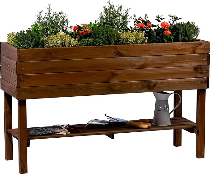 dobar® Large Raised Bed Solid Wood with Shelf Including Plant Film - Raised Planter 100 L - 117 x 40 x 80 cm - Dark Brown