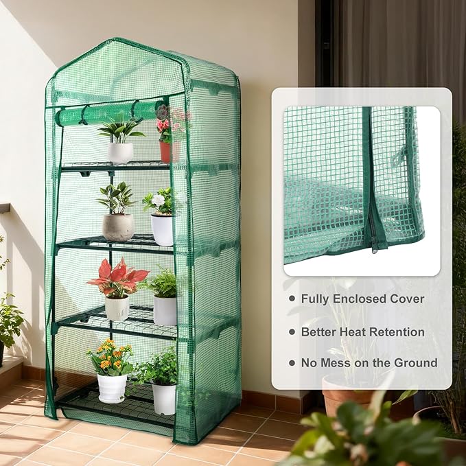 Aoodor 27x19x63 Inch 4 Tier Upgrade Greenhouse with Protective PE/PVC Base for Tidier and Cleaner Indoor Outdoor Gardening on The Deck Patio or Backyard Green