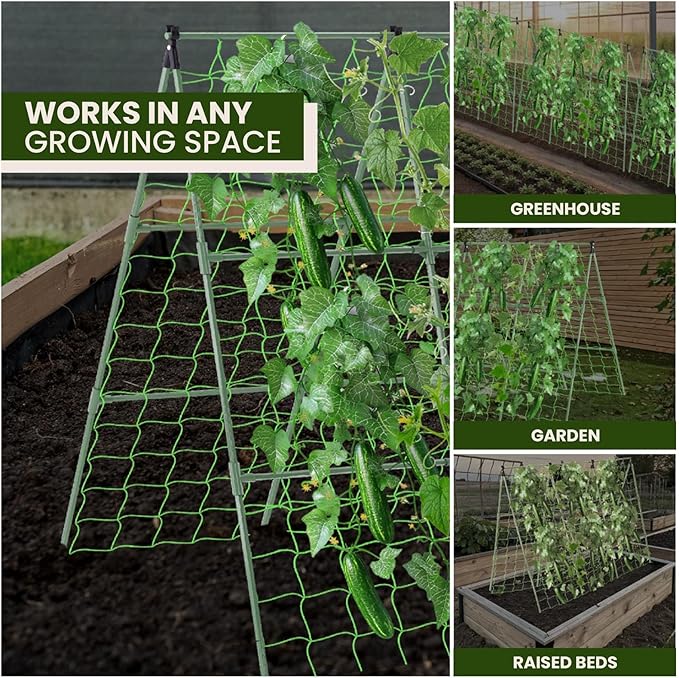 POCREATION Cucumber A Frame Garden Trellis Adjustable Climbing Plants Support with Nylon Net 40 Steel Pipes A Frame Connectors for Cucumbers Tomatoes Grapes
