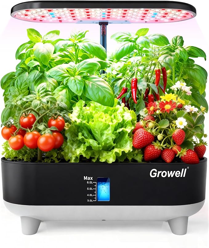 Hydroponics Growing System Kit 16 Pods Vertical 8L Indoor Gardening System for Herb Vegetable Fruit with LED Grow Light Smart Water Circulation 3 Light Modes &amp 2 Timer Black
