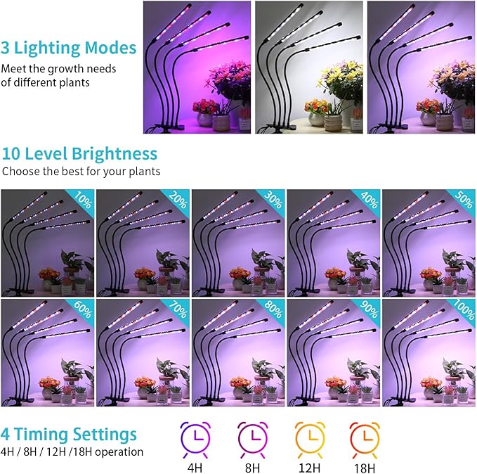 Indoor Plant Grow Light Full Spectrum Clip Plant Lamp 40 LED Beads with Red Blue White Light Plant Growing Light with Gooseneck 4/8/12/18H Timer 10 Brightness Levels 3 Lighting Modes 4 Head