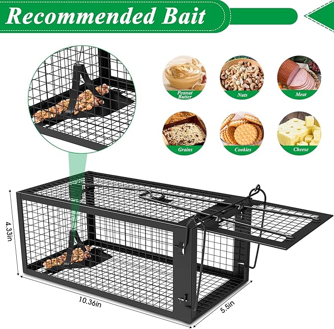 2 Packs Humane Rat Trap Outdoor Mouse Traps Indoor Use Rodent Chipmunk Traps for Small Live Animal Catch and Release - Black