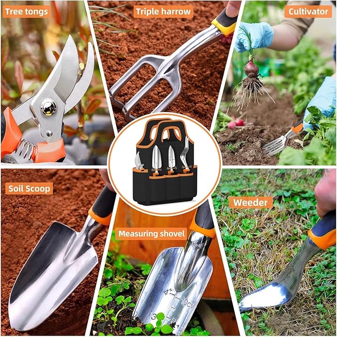Garden Tool Set 8 Piece Gardening Tools Set with Non Slip Ergonomic Handle Heavy Duty Garden Tool Sets with Storage Bag for Outdoor Pruning(B-8pcs-Orange)