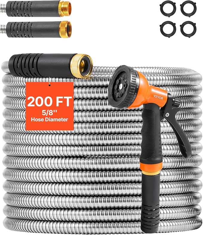 VEVOR Metal Garden Hose 200 ft Heavy Duty Stainless Steel Water Hose with 10-Function Nozzle No-Kink &amp Flexible Outdoor Garden Hose Rust-Proof Lightweight Hose for Yard RV Car Wash