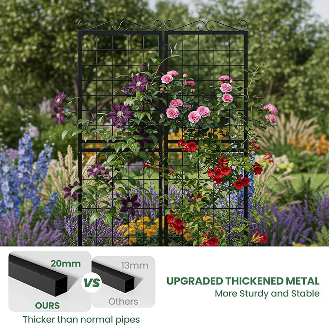 2 Pack 71 Inch Metal Garden Trellis for Climbing Plants Thickened Square Tube Metal Garden Trellis for Vines Plant Rose Vegetable SupportLarge Decorative Outdoor Trellis