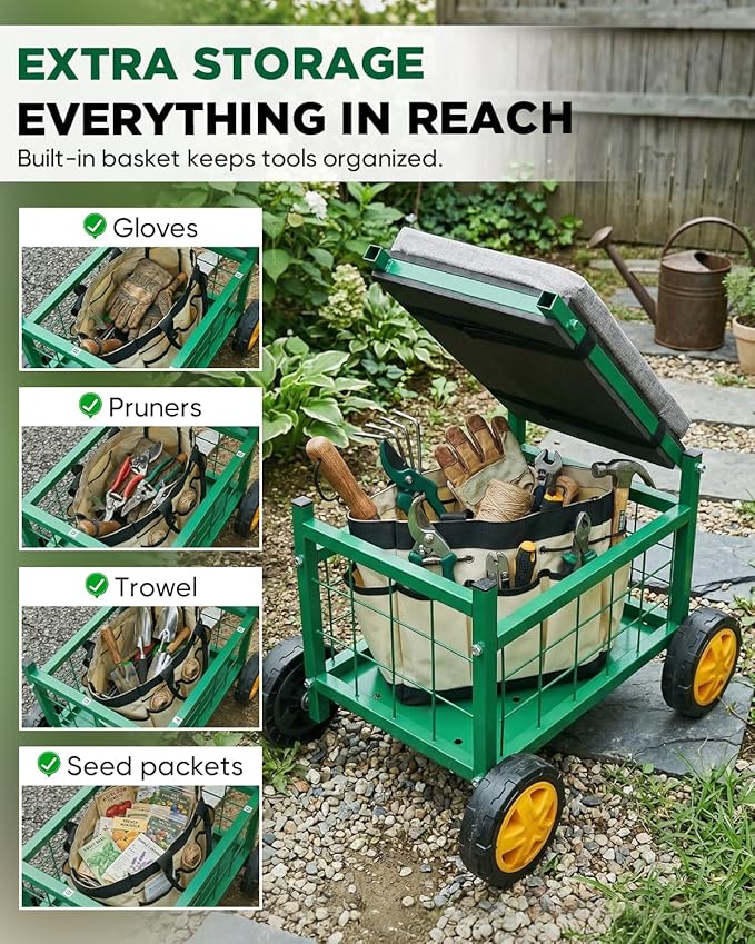 Saker Rolling Garden Cart with Seat &amp Wheels - 15.7'' EVA Padded Rolling Stool 500 lb Steel Frame Large Storage Basket - Garden Wagon Workseat for Patio Lawn Yard (Luxury Version)