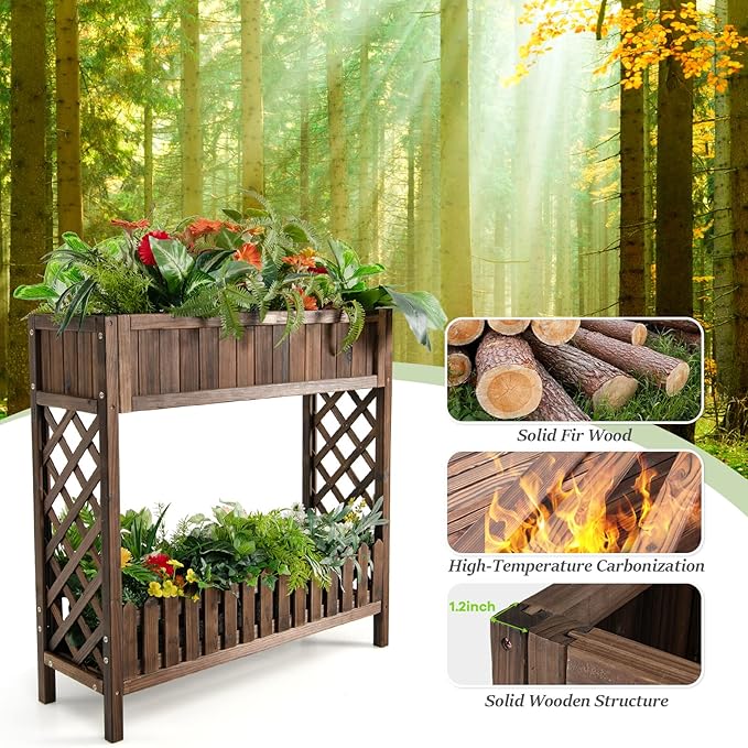 Giantex Planter Raised Bed Elevated Potted Plant Rack W/Shelf Fence Wooden Standing Plant Container Box w/Trellis for Vegetable Flower Herb Succulent Indoor Outdoor Patio Balcony (Brown)
