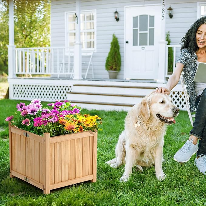 S AFSTAR Outdoor Wooden Planter Box Folding Raised Garden Bed W/Drainage Hole Patio Square Plant Container for Flowers Vegetables Fruits Herbs Collapsible Planting Box for Yard 15 x 15 x 14