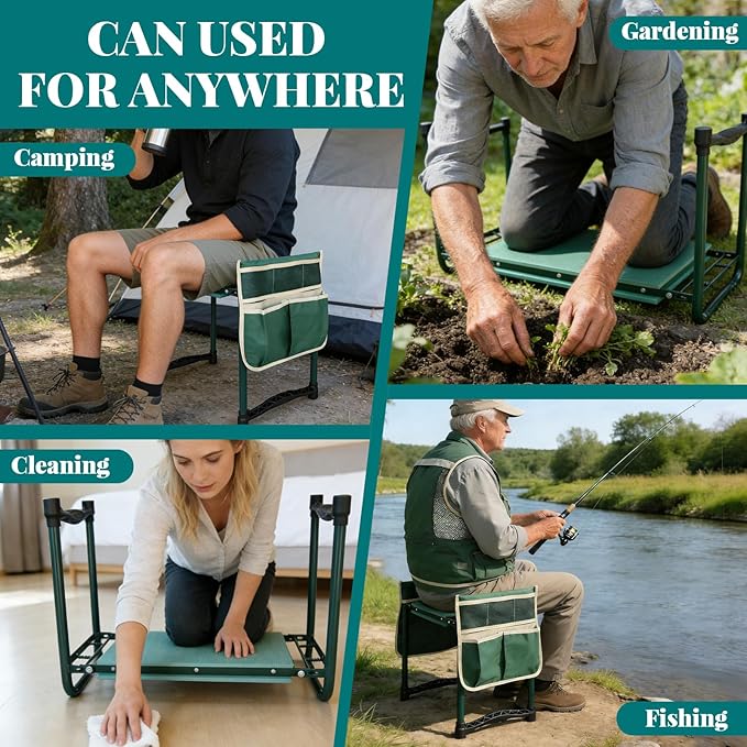 Heavy-Duty Garden Kneeler and Seat with Two Tool Bag Extra-Wide 11.02 Foldable Gardening Stool for Knee &amp Back Support | Non-Slip Portable Bench for Women Men Seniors Mom Dad