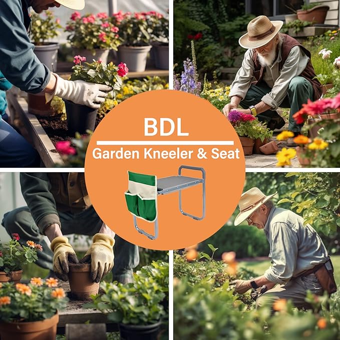 BDL Garden Kneeler Seat Foldable Durable Garden Stool with Tool Bag Pouch and Garden Gloves 330lb Capacity-Protects Your Knees Clothes from Dirt &amp Grass Stains