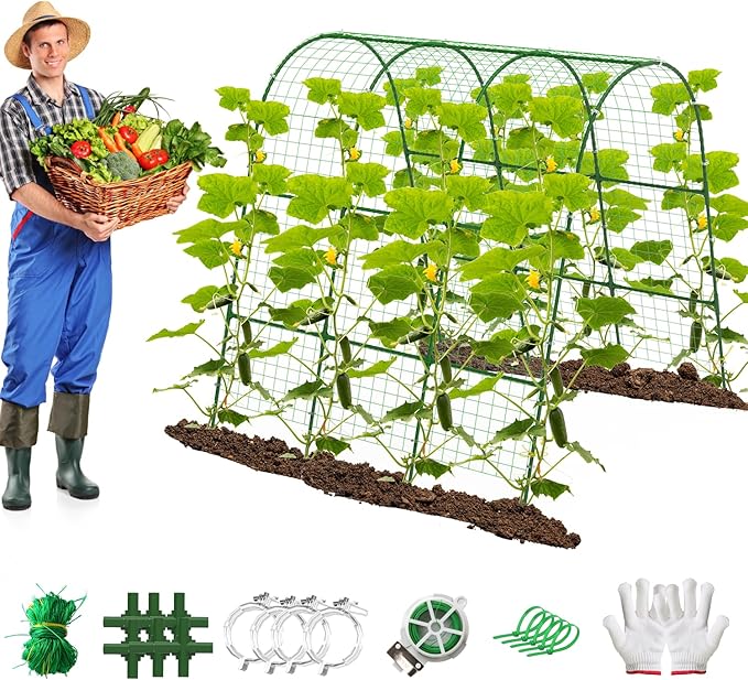 Cucumber Trellis for Raised Bed Arch U-Shaped Garden Trellis for Climbing Plants Adjustable Plant Support with Climbing Net for Cucumbers Tomatoes Peas Beans &amp Vine Flowers (50x47x45 Inch)