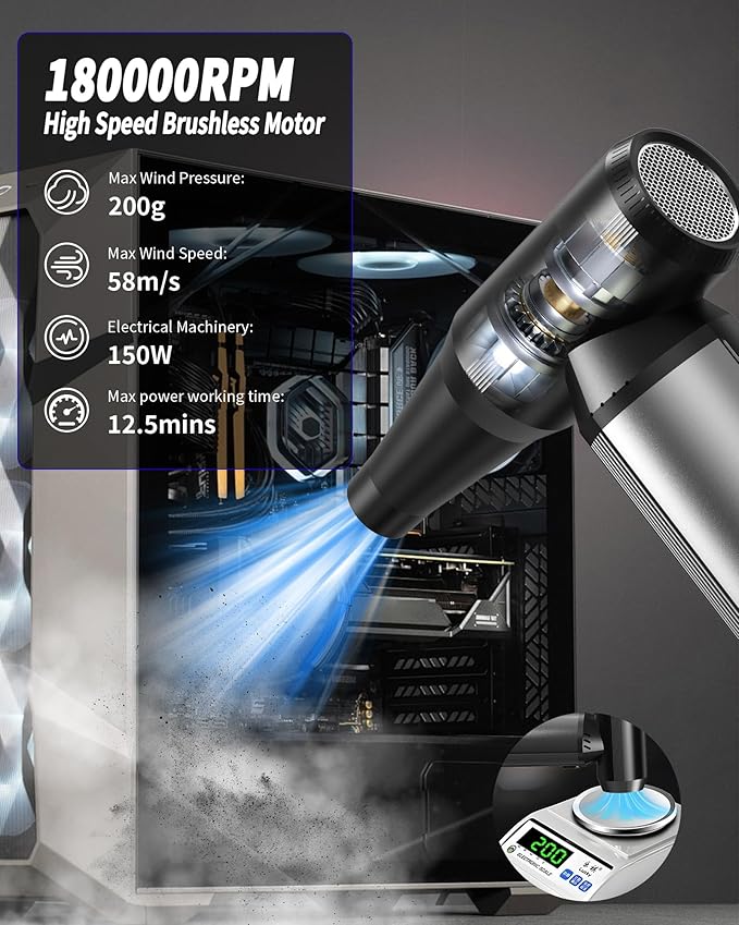 Electric Air Duster 180000RPM Super Power Cordless Air Duster with LED Light 3-Gear Adjustable Mini Blower with Fast Charging Dust Blower for Cleaning Computer Keyboard Car House and Outdoor