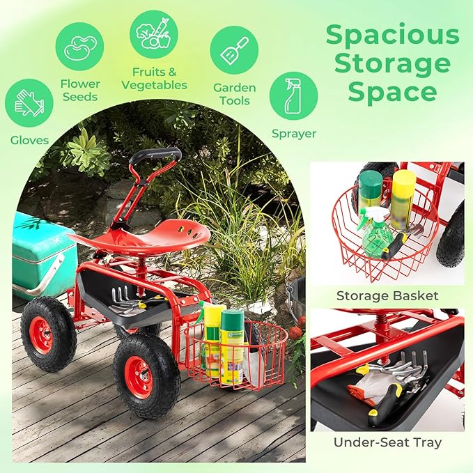Garden Seat with Wheels Rolling Stool with Extendable Handle Storage Basket &amp Tool Tray Garden Scooter with 360 Degree Swivel Seat for Outdoor &amp Yard (Red)