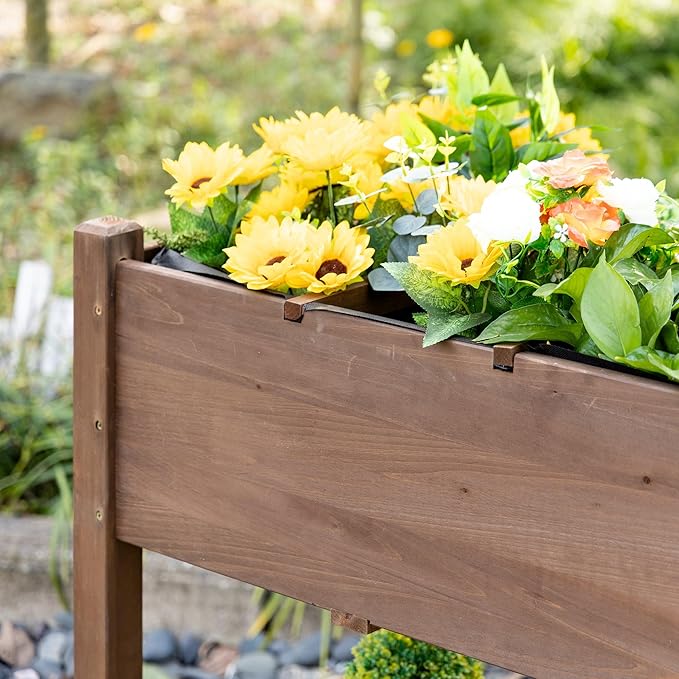 Outsunny Raised Garden Bed with 8 Grow Grids Wooden Outdoor Plant Box Stand with Folding Side Table and Wheels 49 x 21 x 34 for Vegetables Flowers Herbs Brown