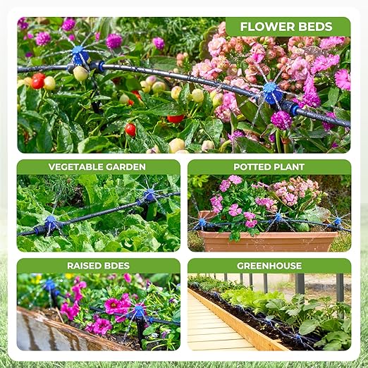 HIRALIY 100FT Garden Watering System Automatic Drip Irrigation Kit with Adjustable Flow Nozzles 5-Way Connector Plastic Material Modern Style Ideal for Lawn Patio Garden Raised Bed