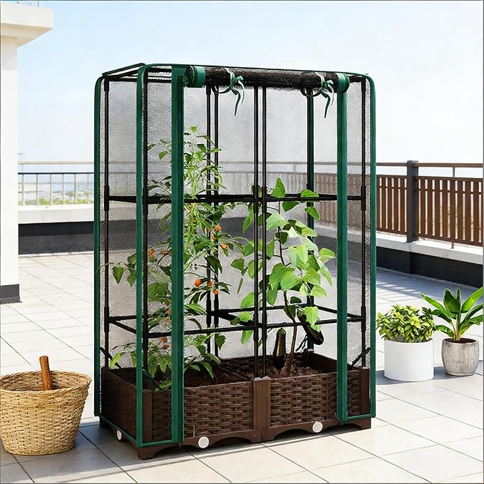 Modular Crop Cage &amp Raised Bed Combo Quick-Assemble Gardening System for Patio or Yard - Removable Cover Adjustable Height Plant Cage for Seasonal Use on a Versatile Garden Box (Green)