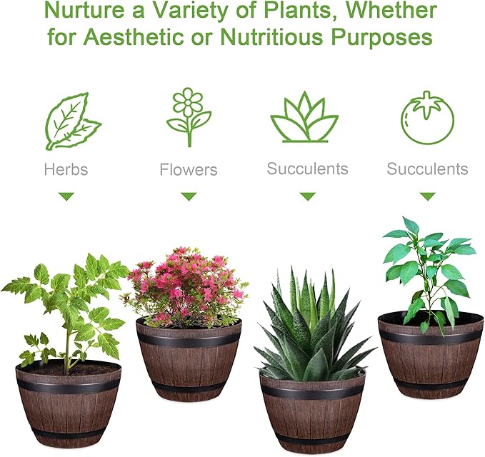 VECELO Plant Pots with Drainage Holes &amp Saucer 13 Inch Flower Pots with Tray 3 Pack Plastic Whiskey Barrel Planters for Indoor &amp Outdoor Garden Home Plants and Flowers