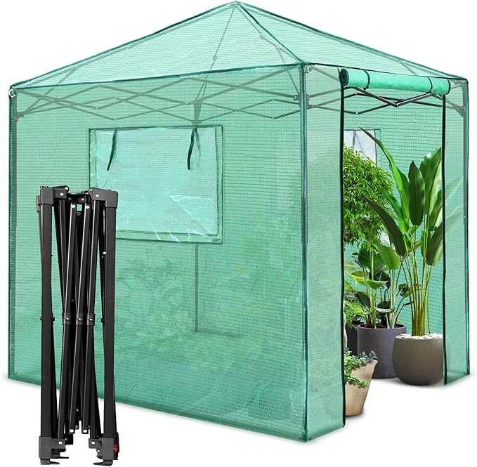 PexFix 8'x 8' Portable Walk-in Greenhouse Easy Setup Indoor/Outdoor 2 Roll-Up Mesh Windows Roll-Up Zipper Door Green