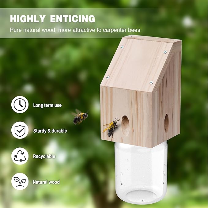 Carpenter Bee Trap for Outside - Shed Style Nature Hanging Wood Trap for Outdoor with Removable Bee Vault Plastic Jar (4 Pack)