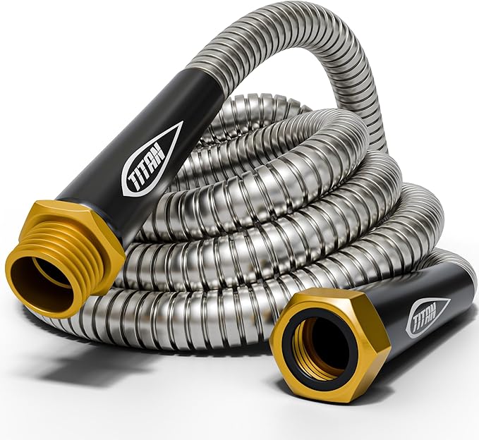 TITAN Garden Hose 75FT - 304 Stainless Steel Metal Water Hose Flexible Kink-Free Lightweight Durable Crush Resistant Fittings Easy to Coil 500 PSI