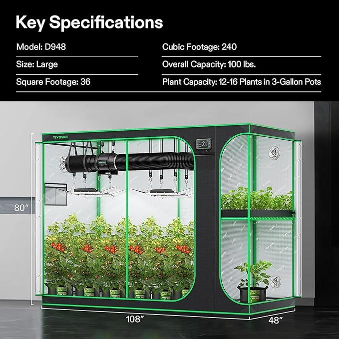 VIVOSUN D948 2-in-1 9x4 Grow Tent 108x48x80 High Reflective Mylar with Multi-Chamber and Floor Tray for Hydroponic Indoor Plant